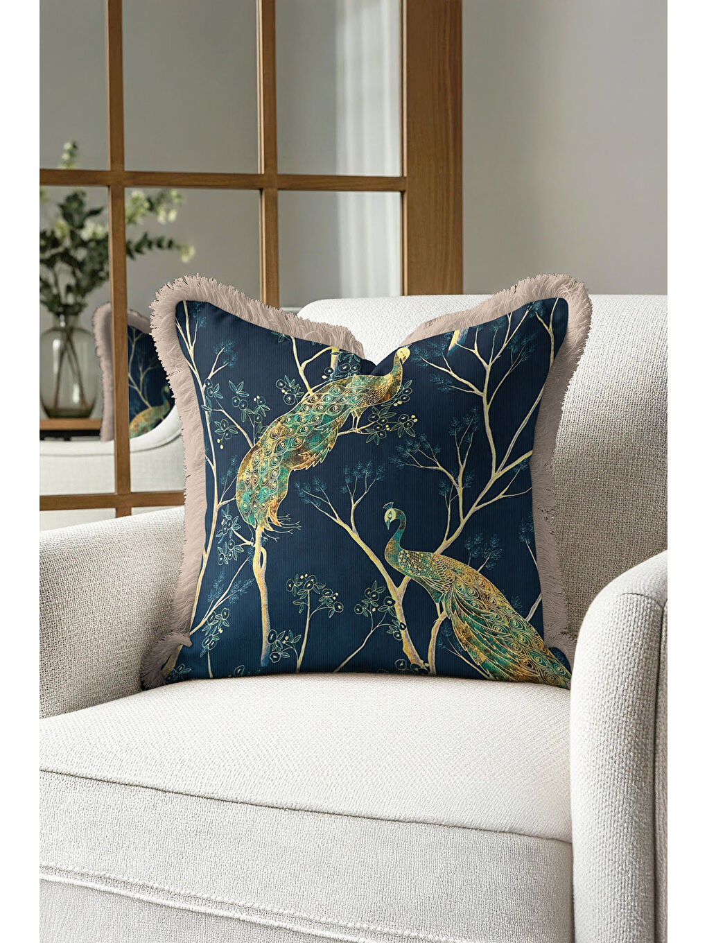 Karışık Lüks Tavuskuşu Motifli Saçaklı Yastık Kılıfı - Zarif Bohem Mavi Altın Renkli Püsküllü Kırlent Kılıfı-3