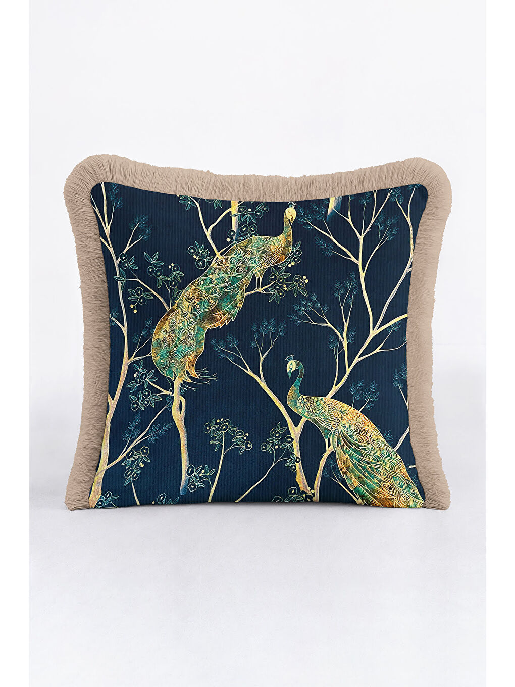 Karışık Lüks Tavuskuşu Motifli Saçaklı Yastık Kılıfı - Zarif Bohem Mavi Altın Renkli Püsküllü Kırlent Kılıfı-4
