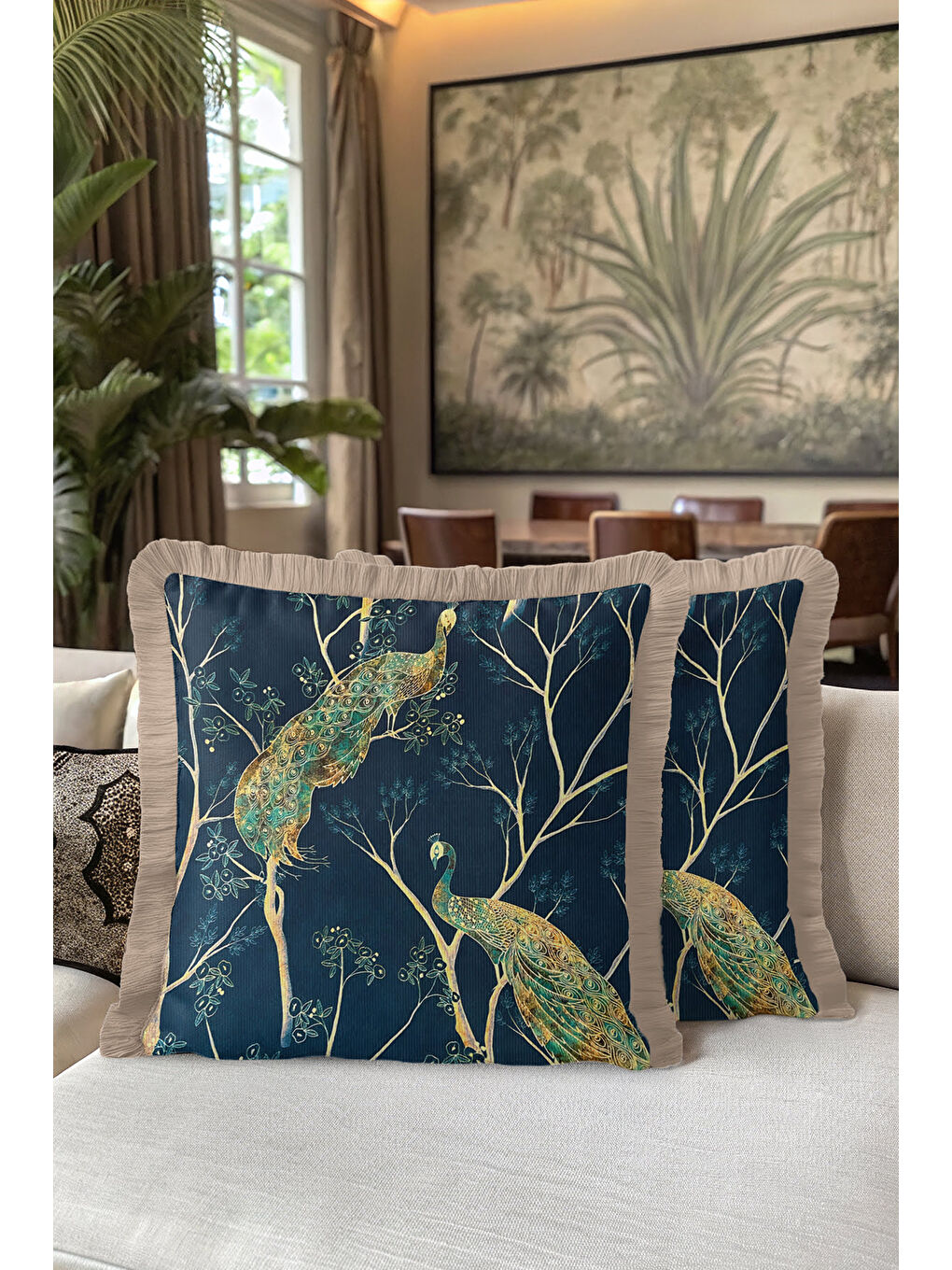 Karışık Lüks Tavuskuşu Motifli Saçaklı Yastık Kılıfı - Zarif Bohem Mavi Altın Renkli Püsküllü Kırlent Kılıfı-5