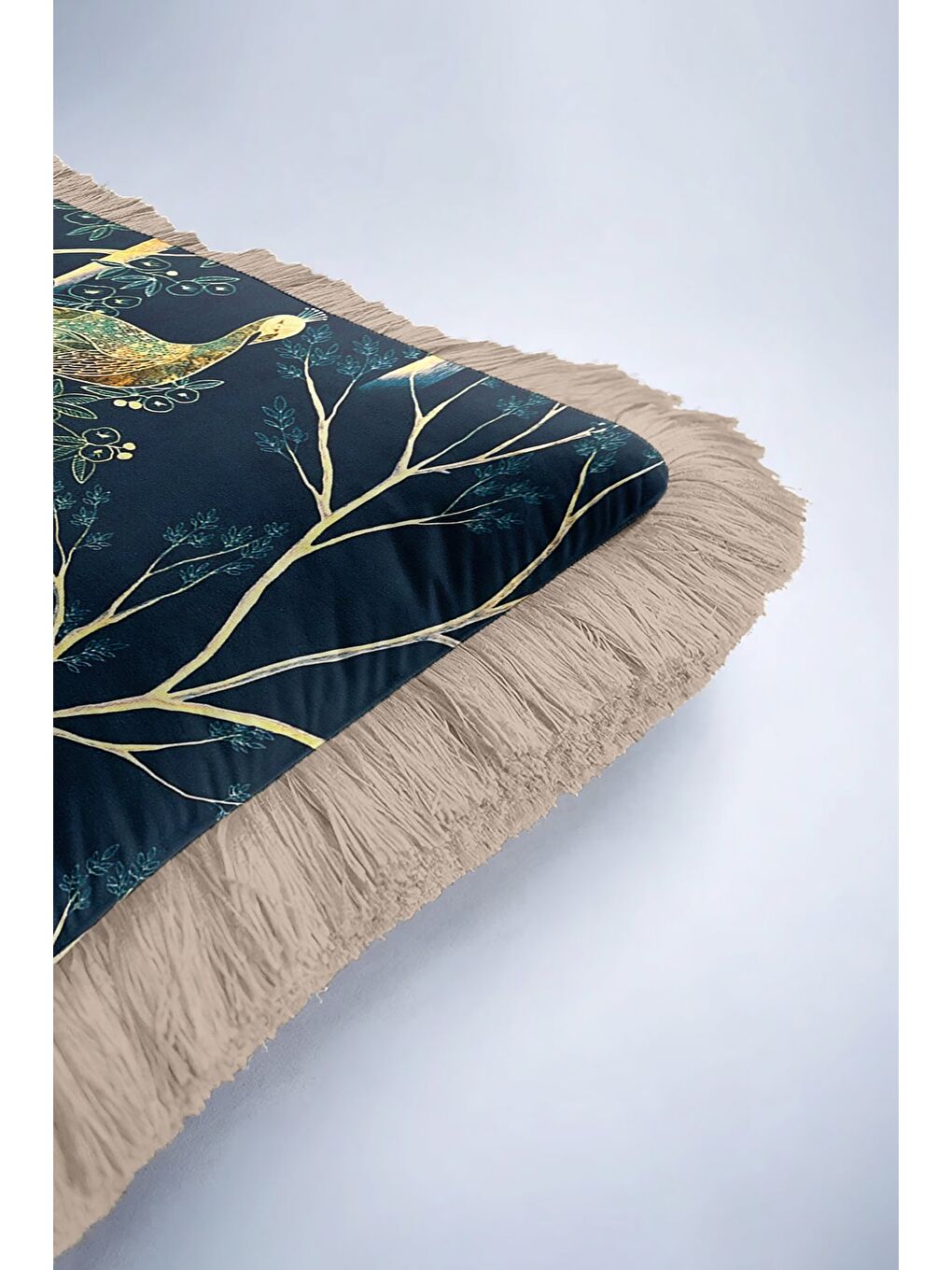 Karışık Lüks Tavuskuşu Motifli Saçaklı Yastık Kılıfı - Zarif Bohem Mavi Altın Renkli Püsküllü Kırlent Kılıfı-6