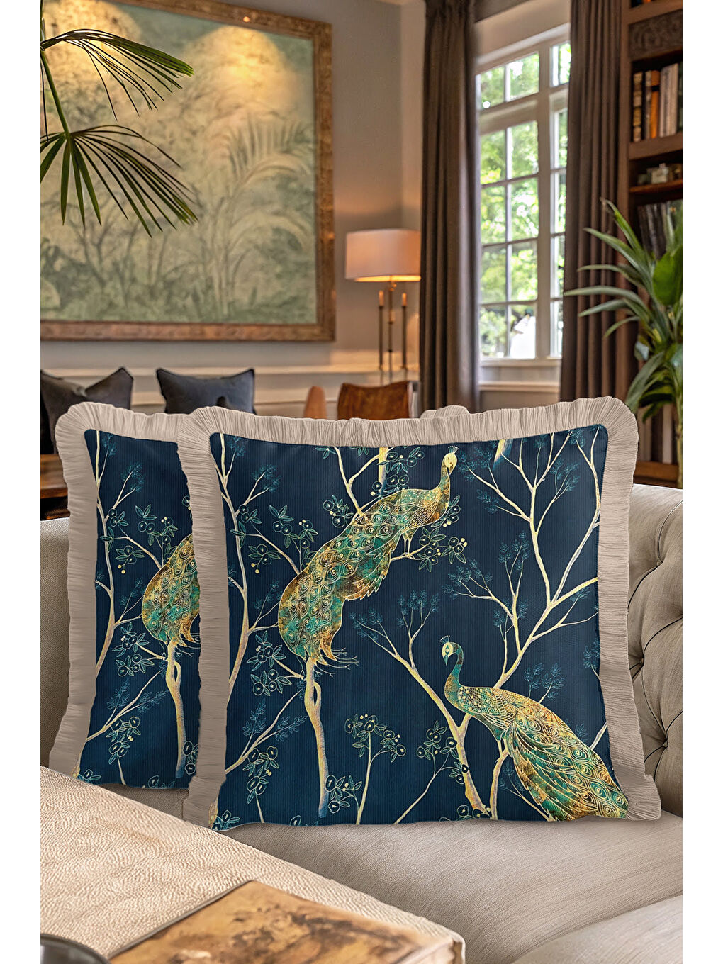 Karışık Lüks Tavuskuşu Motifli Saçaklı Yastık Kılıfı - Zarif Bohem Mavi Altın Renkli Püsküllü Kırlent Kılıfı-7