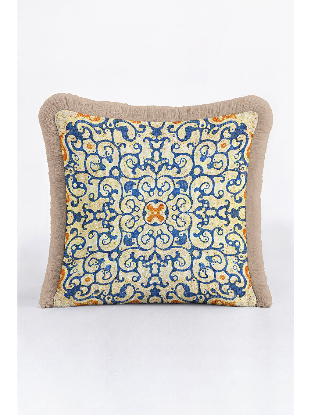 Karışık Lüks Osmanlı Motifli Saçaklı Yastık Kılıfı - Mavi Sarı Etnik Doku Bej Püsküllü Kırlent Kılıfı-1