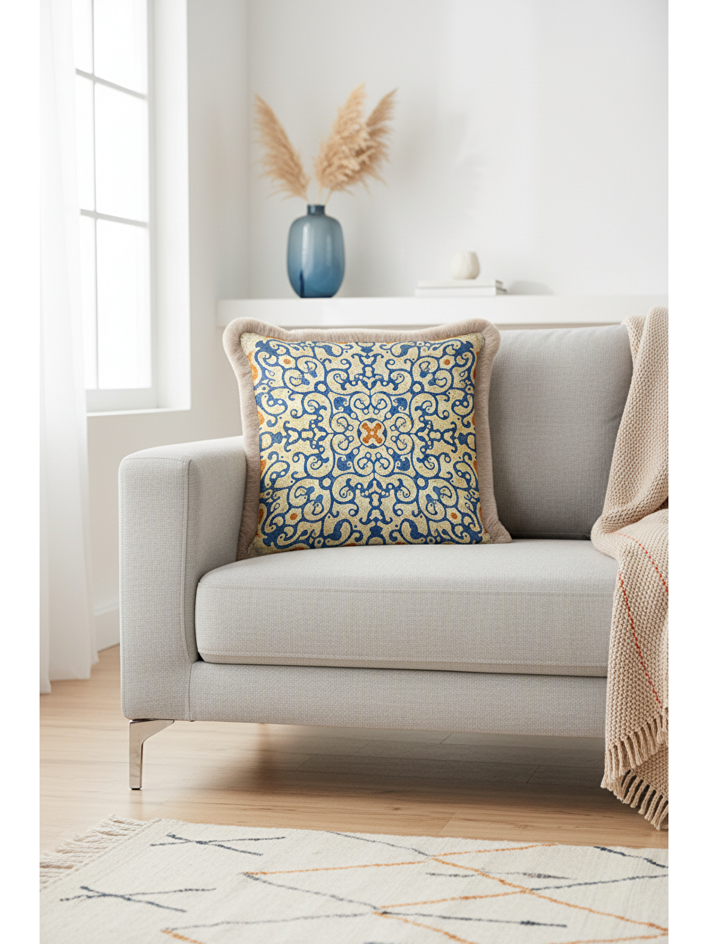 Karışık Lüks Osmanlı Motifli Saçaklı Yastık Kılıfı - Mavi Sarı Etnik Doku Bej Püsküllü Kırlent Kılıfı-2