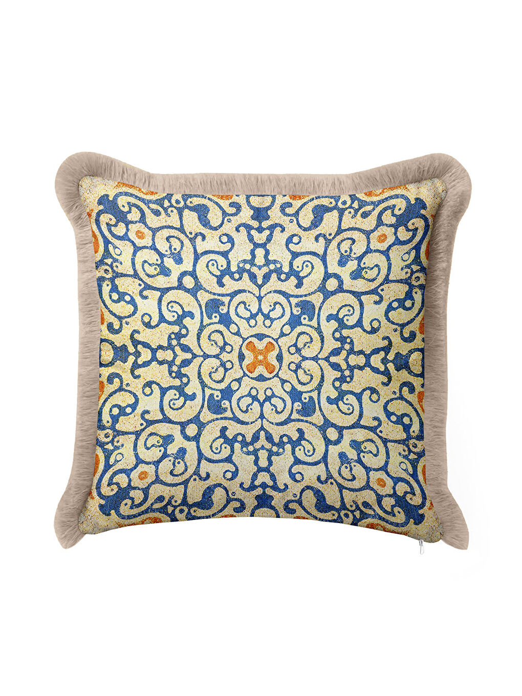 Karışık Lüks Osmanlı Motifli Saçaklı Yastık Kılıfı - Mavi Sarı Etnik Doku Bej Püsküllü Kırlent Kılıfı-4