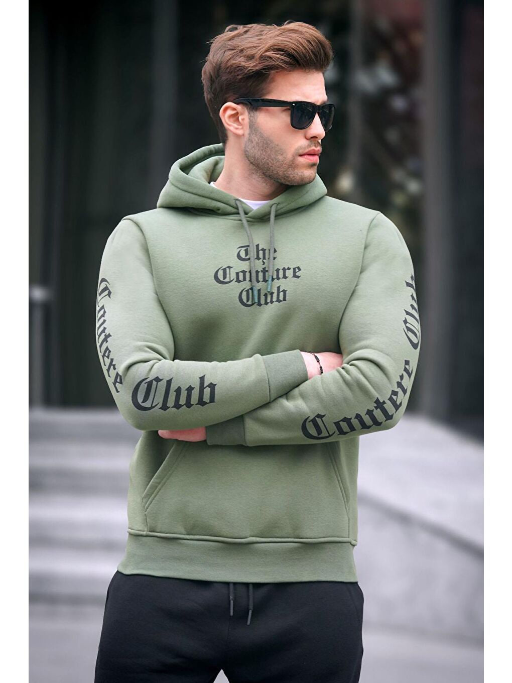 Haki Baskılı Kapüşonlu Erkek Hoodie 2877