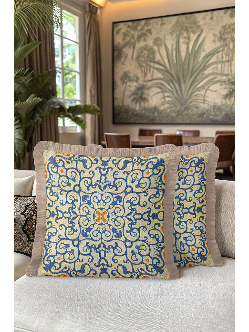Karışık Lüks Osmanlı Motifli Saçaklı Yastık Kılıfı - Mavi Sarı Etnik Doku Bej Püsküllü Kırlent Kılıfı-5