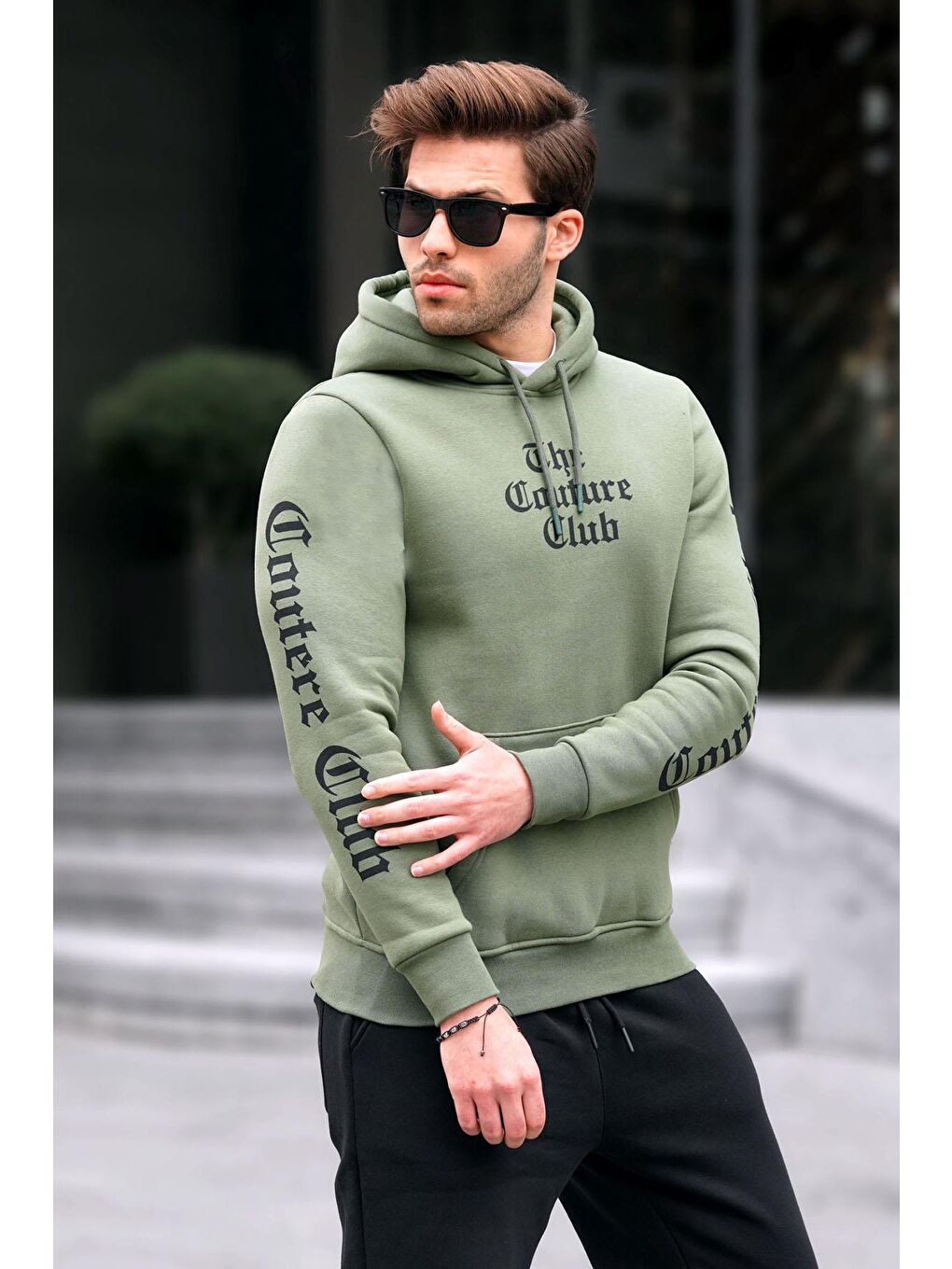 Haki Baskılı Kapüşonlu Erkek Hoodie 2877-1