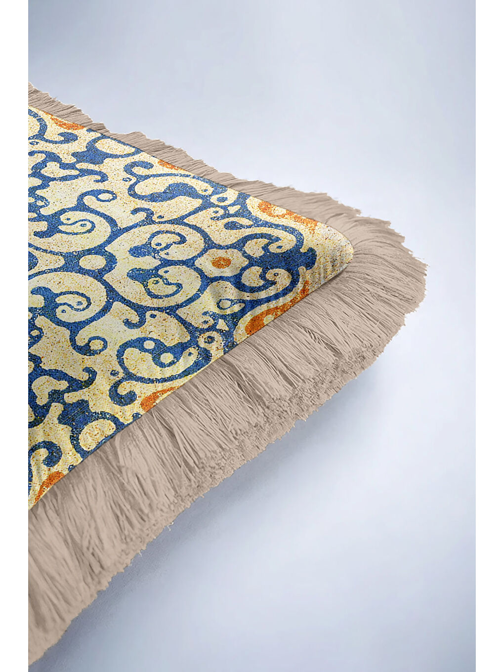 Karışık Lüks Osmanlı Motifli Saçaklı Yastık Kılıfı - Mavi Sarı Etnik Doku Bej Püsküllü Kırlent Kılıfı-6