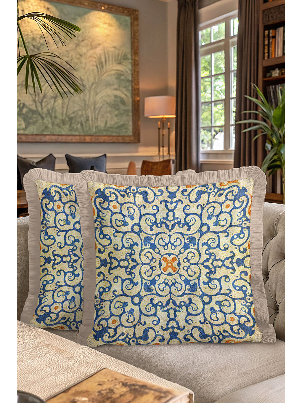 Karışık Lüks Osmanlı Motifli Saçaklı Yastık Kılıfı - Mavi Sarı Etnik Doku Bej Püsküllü Kırlent Kılıfı-7
