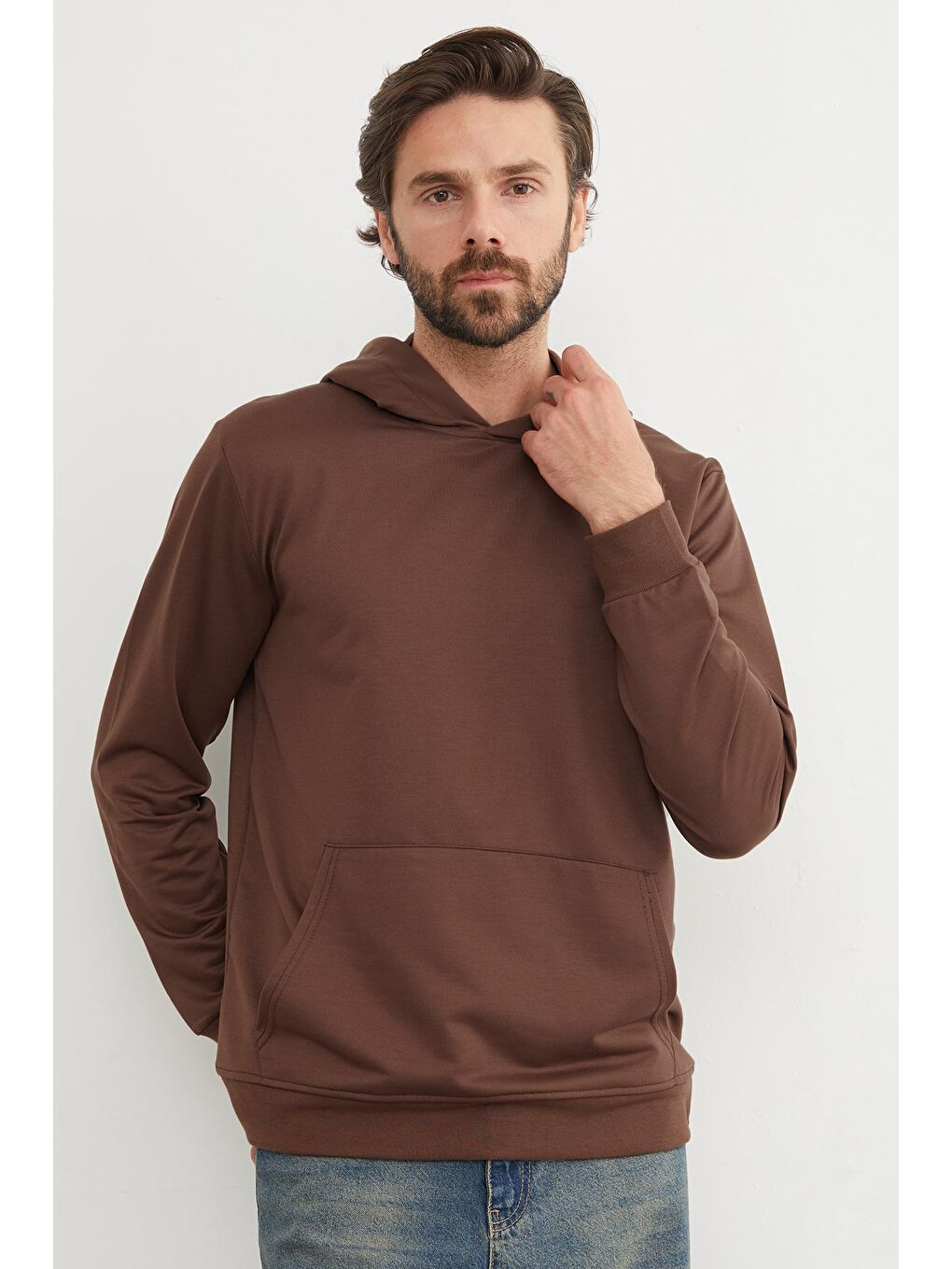 Kahverengi Kapüşonlu Kanguru Cepli Sweatshirt-2