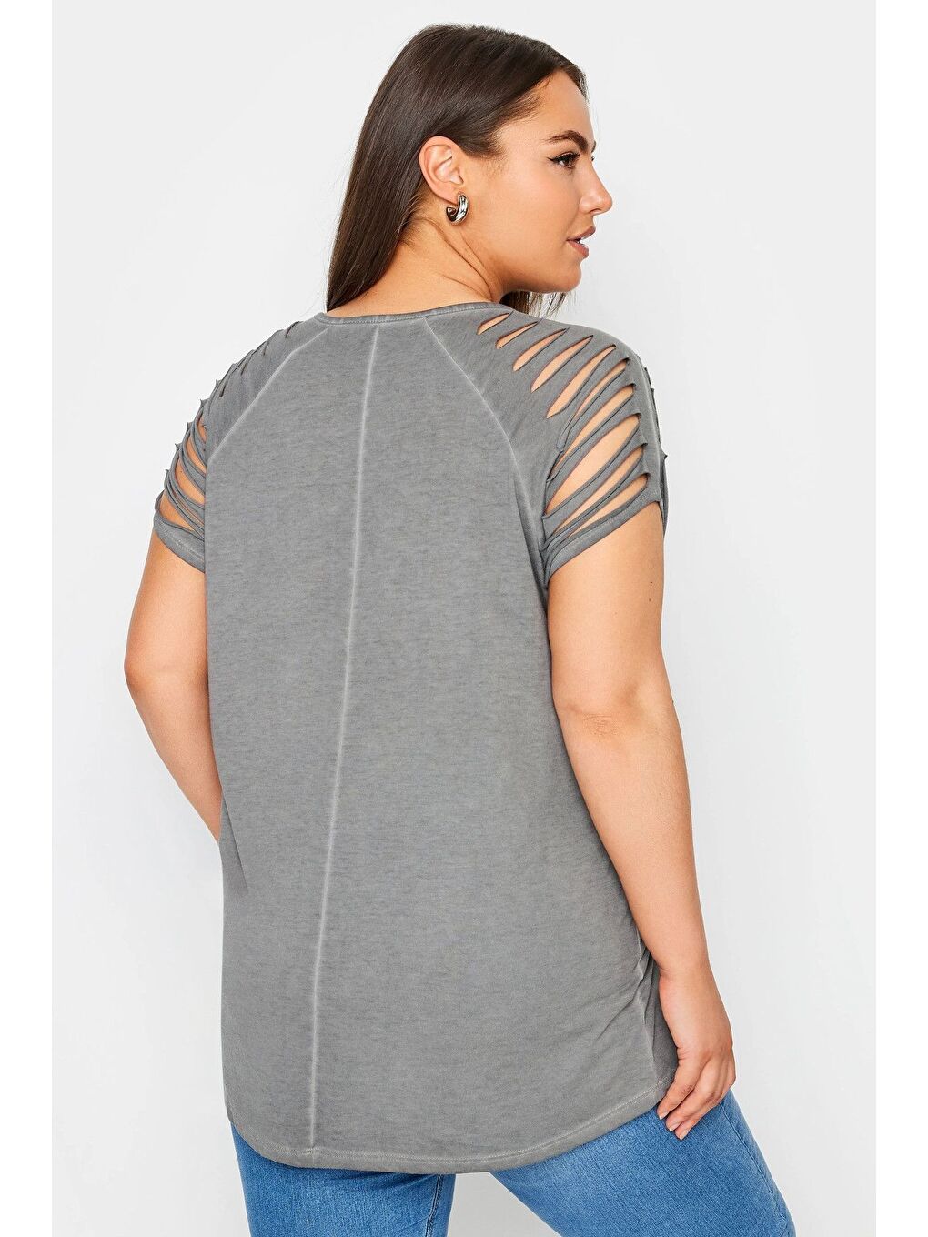 Gri Büyük Beden Bisiklet Yaka Kol ve Omuz Detaylı Baskılı Tişört 303138-4