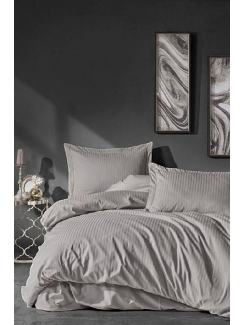 Karışık Pamuk Box Elegant Stripe Çift Kişilik Nevresim Takımı Saten Bej