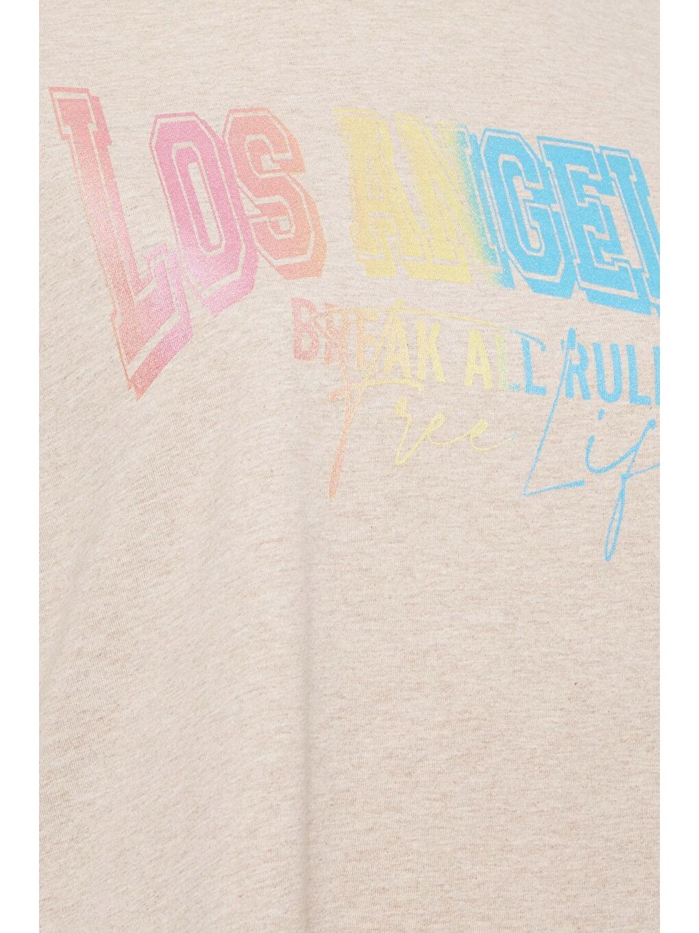 Bej Büyük Beden Bisiklet Yaka Kısa Kollu Yırtmaç Detaylı Baskılı Tişört 302202-4