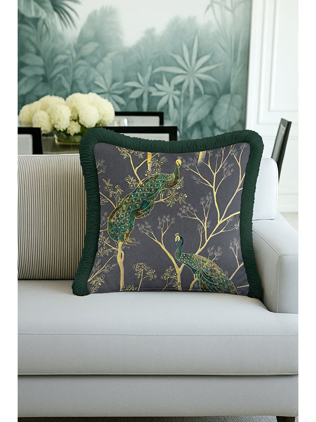 Karışık Zarif Tavuskuşu Figürlü Saçaklı Yastık Kılıfı - Bohem Gold Yeşil Lüks Püsküllü Kırlent Kılıfı-1