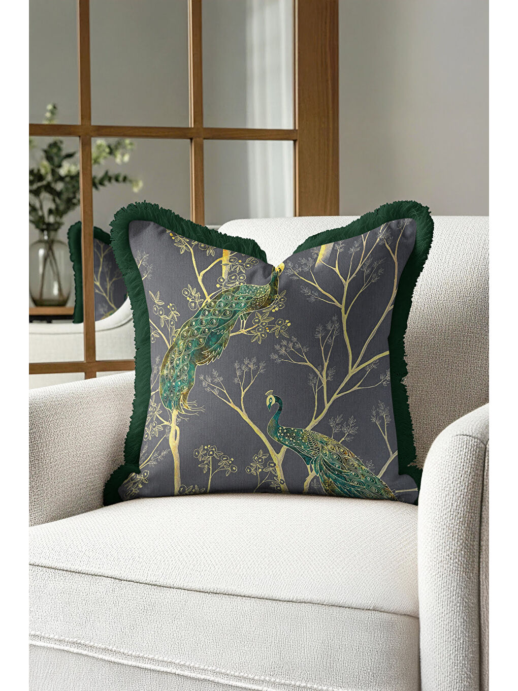 Karışık Zarif Tavuskuşu Figürlü Saçaklı Yastık Kılıfı - Bohem Gold Yeşil Lüks Püsküllü Kırlent Kılıfı-2