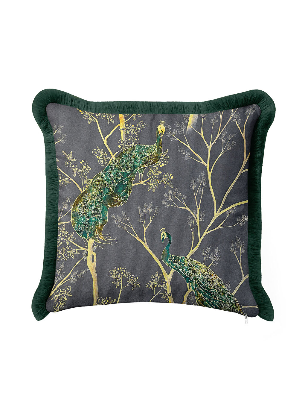 Karışık Zarif Tavuskuşu Figürlü Saçaklı Yastık Kılıfı - Bohem Gold Yeşil Lüks Püsküllü Kırlent Kılıfı-3