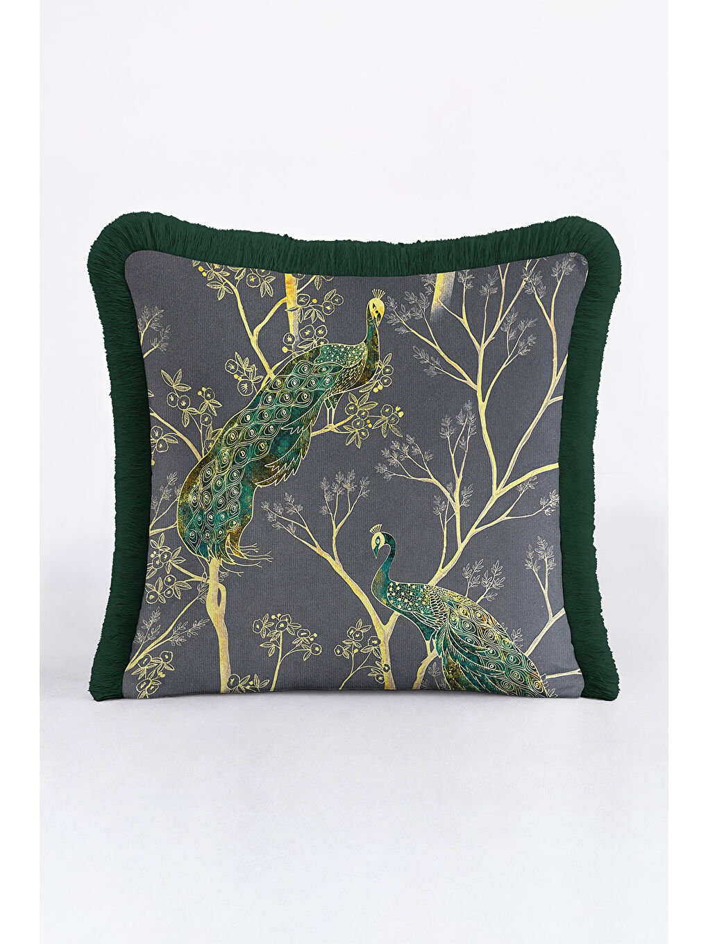 Karışık Zarif Tavuskuşu Figürlü Saçaklı Yastık Kılıfı - Bohem Gold Yeşil Lüks Püsküllü Kırlent Kılıfı-4