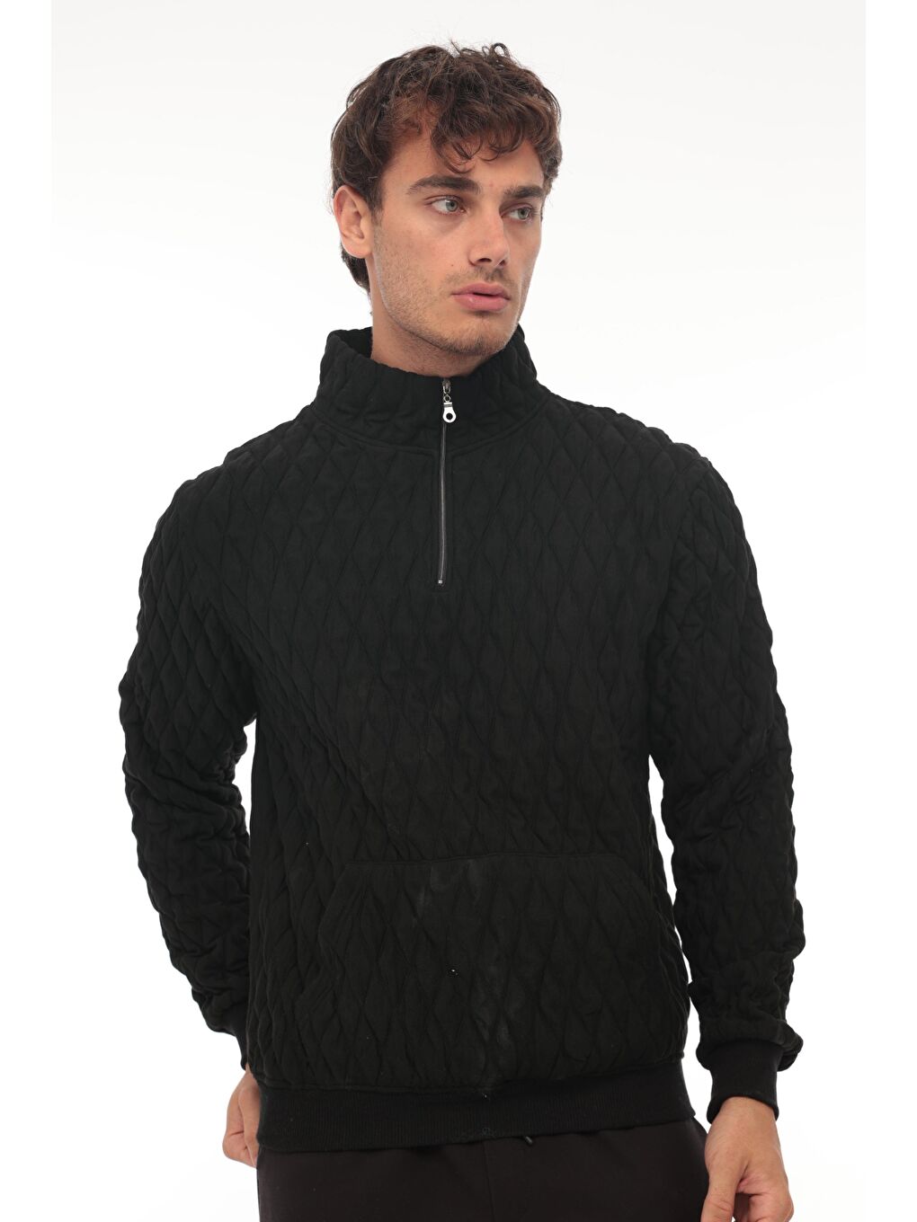 Miron Siyah Kapitone Detaylı Yarım Fermuarlı Regular Fit Sweatshirt - 1