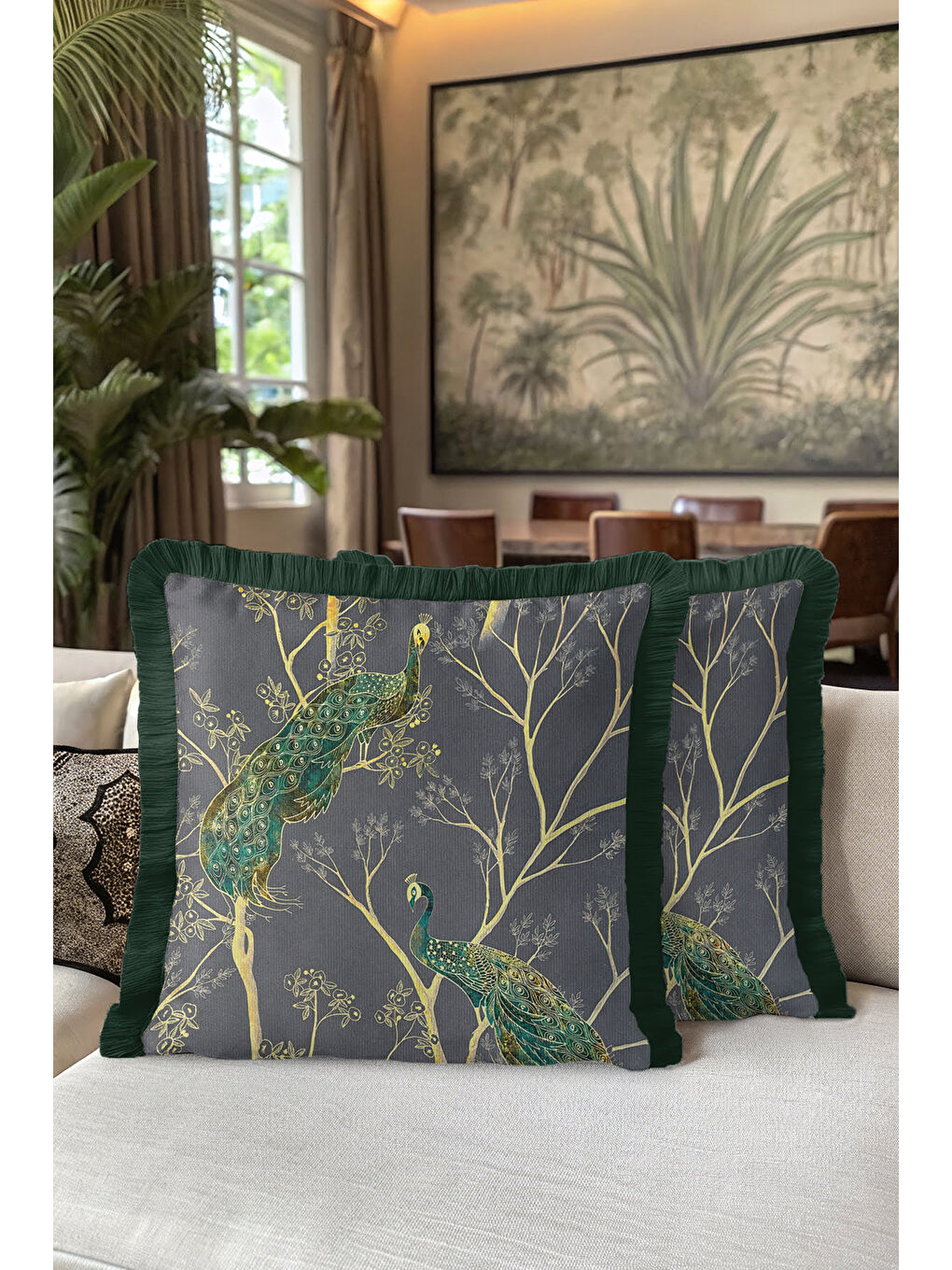 Karışık Zarif Tavuskuşu Figürlü Saçaklı Yastık Kılıfı - Bohem Gold Yeşil Lüks Püsküllü Kırlent Kılıfı-5