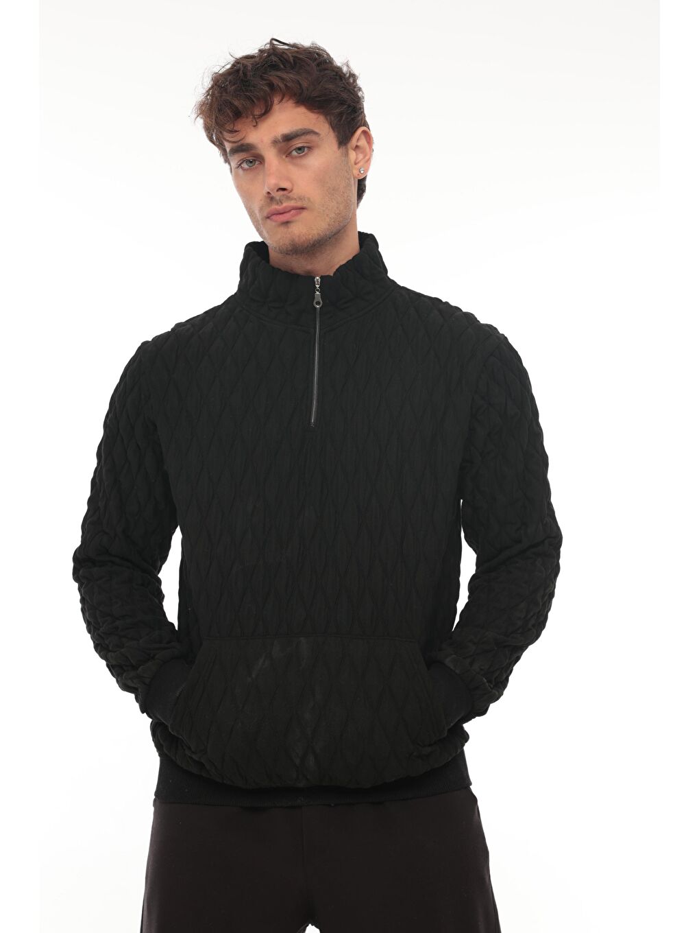 Miron Siyah Kapitone Detaylı Yarım Fermuarlı Regular Fit Sweatshirt - 4