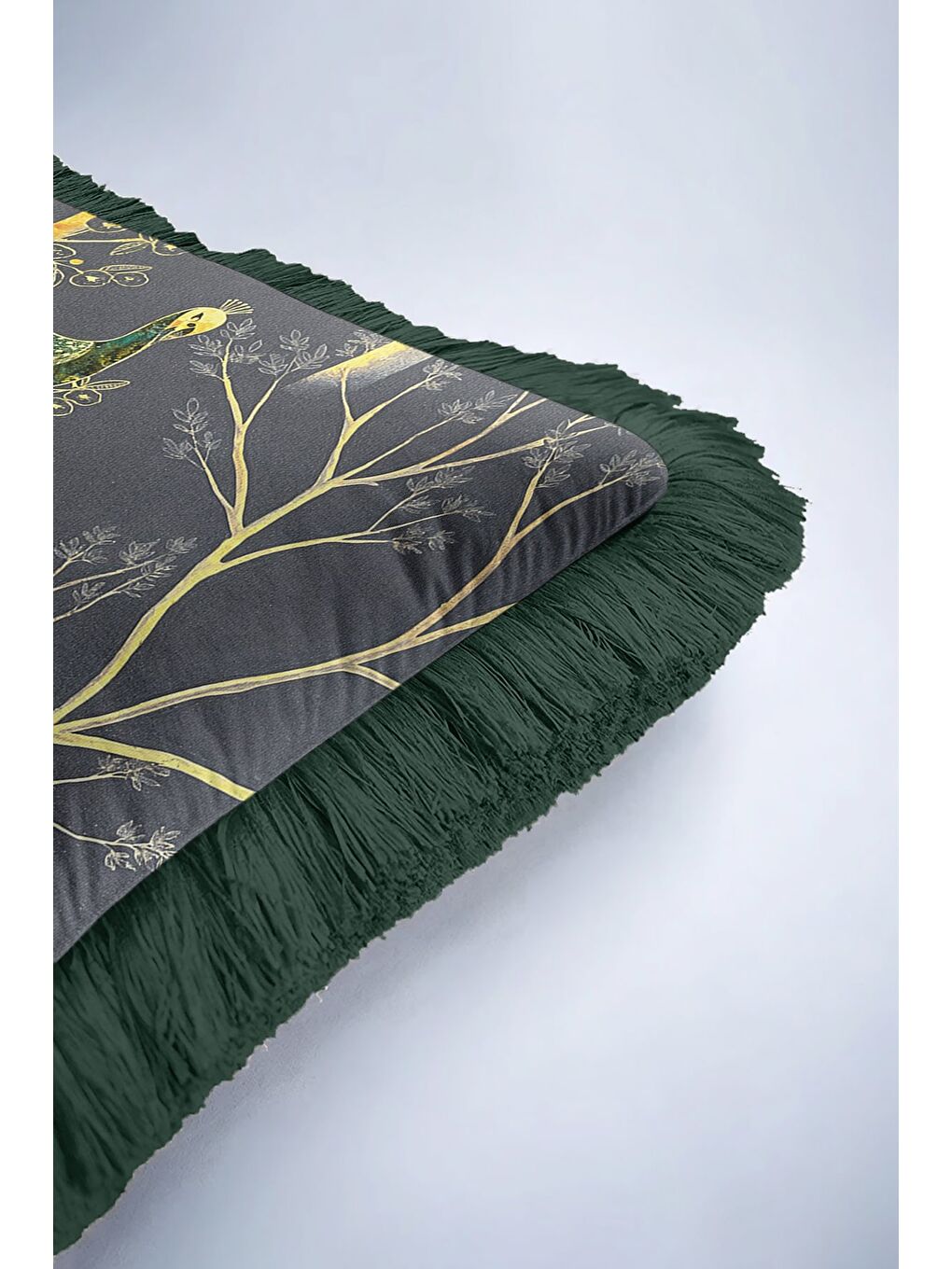 Karışık Zarif Tavuskuşu Figürlü Saçaklı Yastık Kılıfı - Bohem Gold Yeşil Lüks Püsküllü Kırlent Kılıfı-6