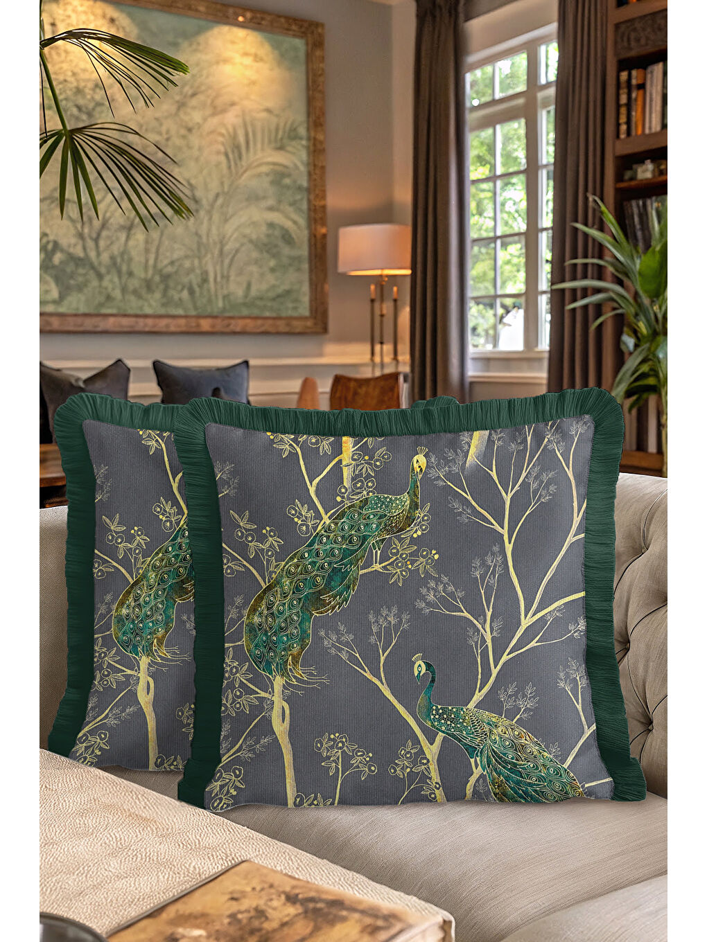 Karışık Zarif Tavuskuşu Figürlü Saçaklı Yastık Kılıfı - Bohem Gold Yeşil Lüks Püsküllü Kırlent Kılıfı-7