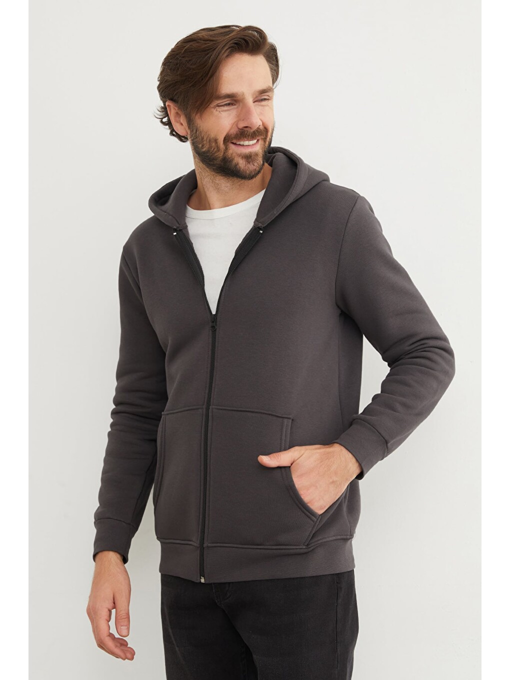 Gri 3 İplik Fermuarlı Kanguru Cepli Sweatshirt-4