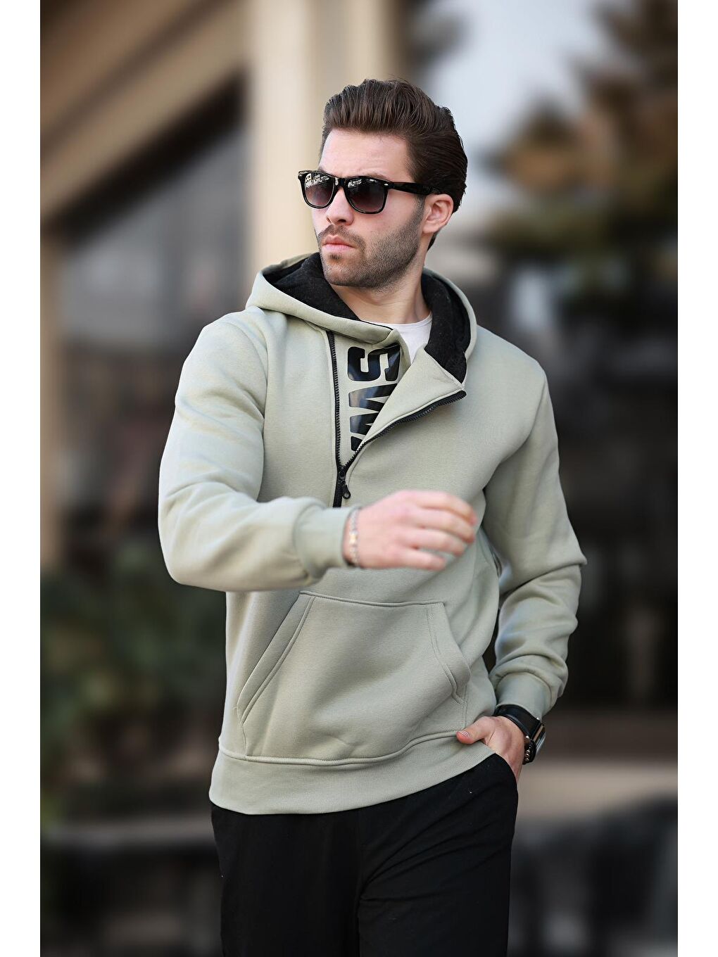 Mint Yeşili Fermuar Detaylı Kapüşonlu Erkek Hoodie 1767-1