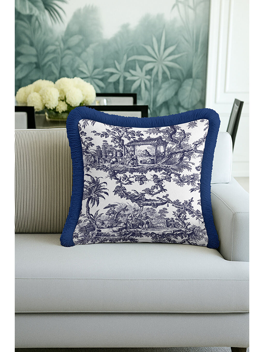 Karışık Fransız Saray Saçaklı Yastık Kılıfı - Vintage Country Lacivert Beyaz Püsküllü Kırlent Kılıfı-1