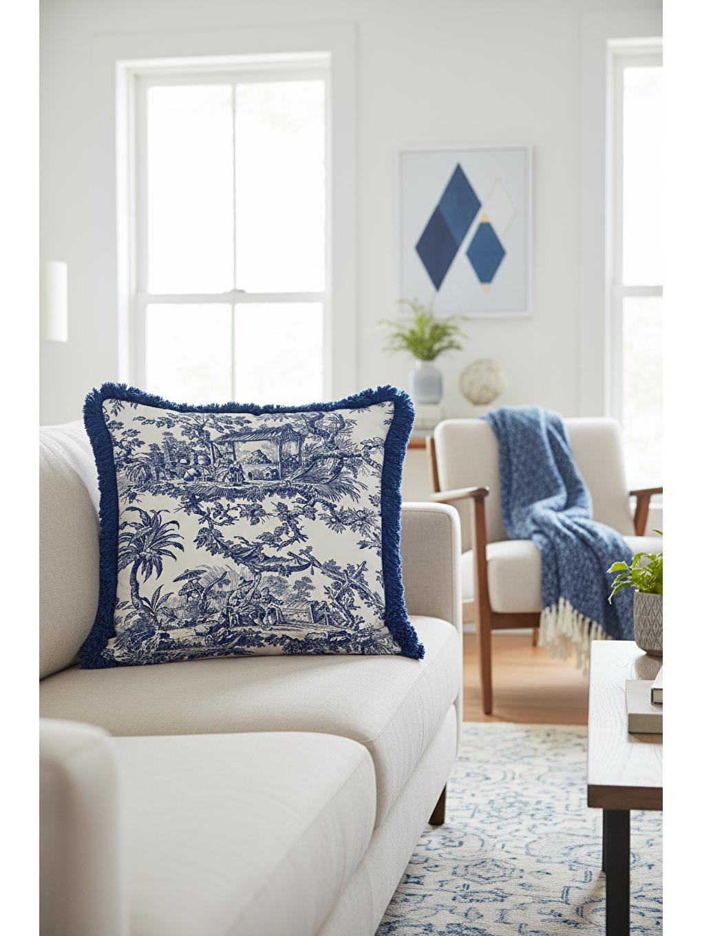 Karışık Fransız Saray Saçaklı Yastık Kılıfı - Vintage Country Lacivert Beyaz Püsküllü Kırlent Kılıfı-2