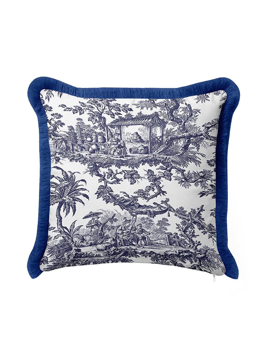 Karışık Fransız Saray Saçaklı Yastık Kılıfı - Vintage Country Lacivert Beyaz Püsküllü Kırlent Kılıfı-3