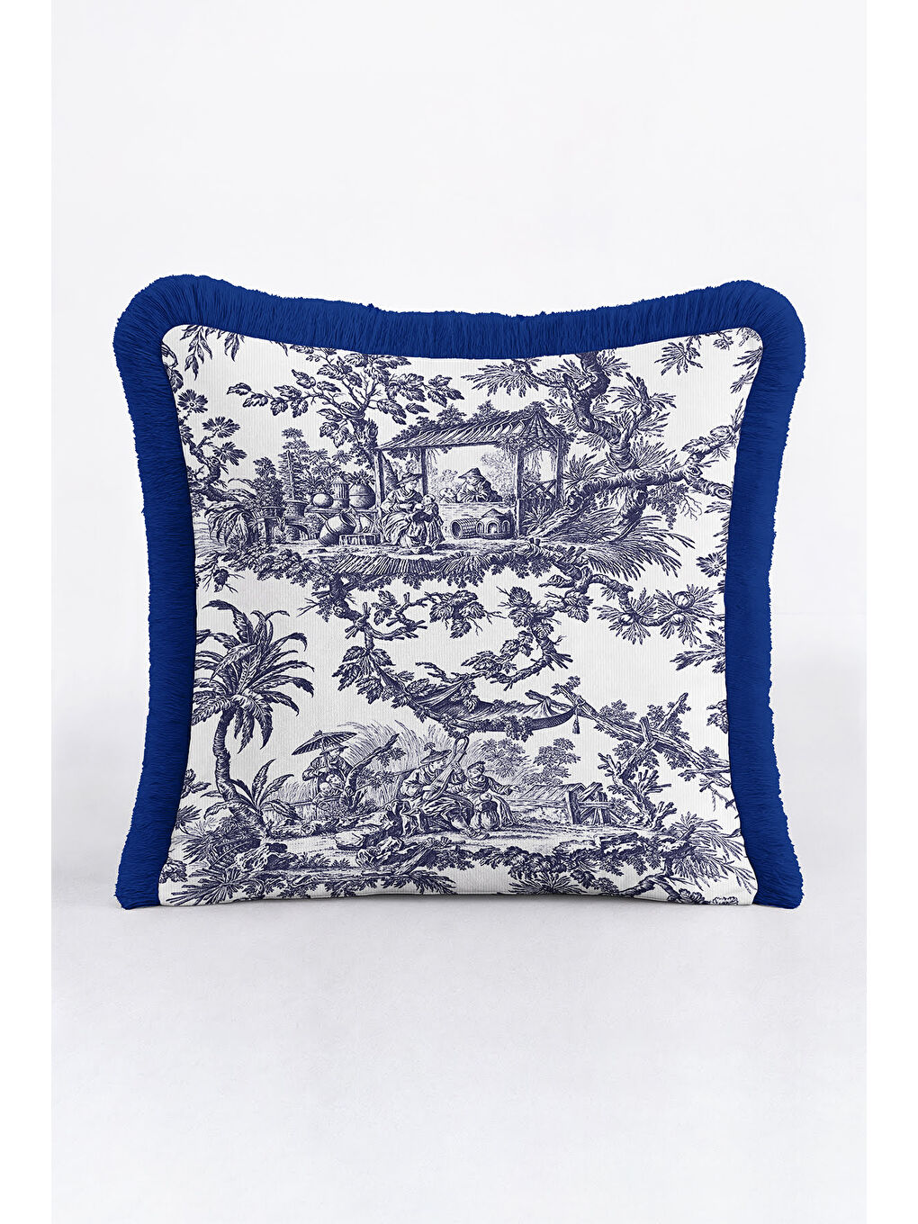 Karışık Fransız Saray Saçaklı Yastık Kılıfı - Vintage Country Lacivert Beyaz Püsküllü Kırlent Kılıfı-4