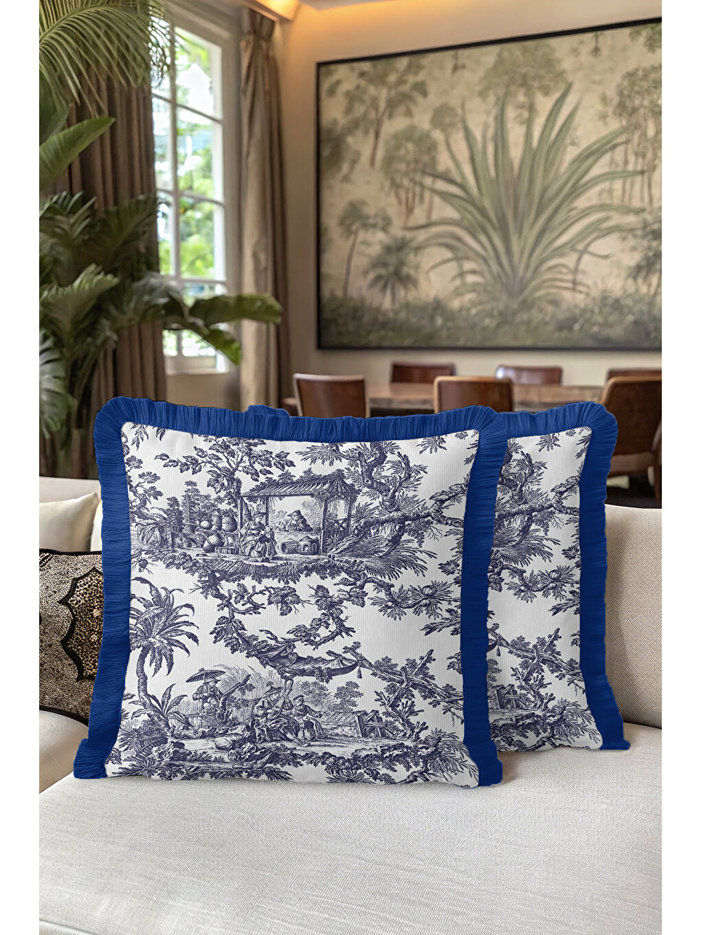Karışık Fransız Saray Saçaklı Yastık Kılıfı - Vintage Country Lacivert Beyaz Püsküllü Kırlent Kılıfı-5