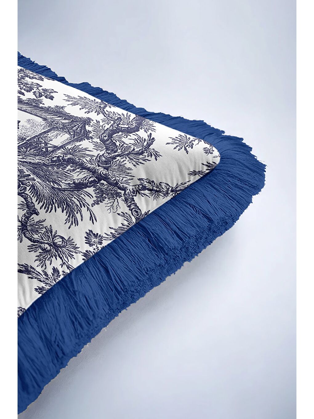 Karışık Fransız Saray Saçaklı Yastık Kılıfı - Vintage Country Lacivert Beyaz Püsküllü Kırlent Kılıfı-6