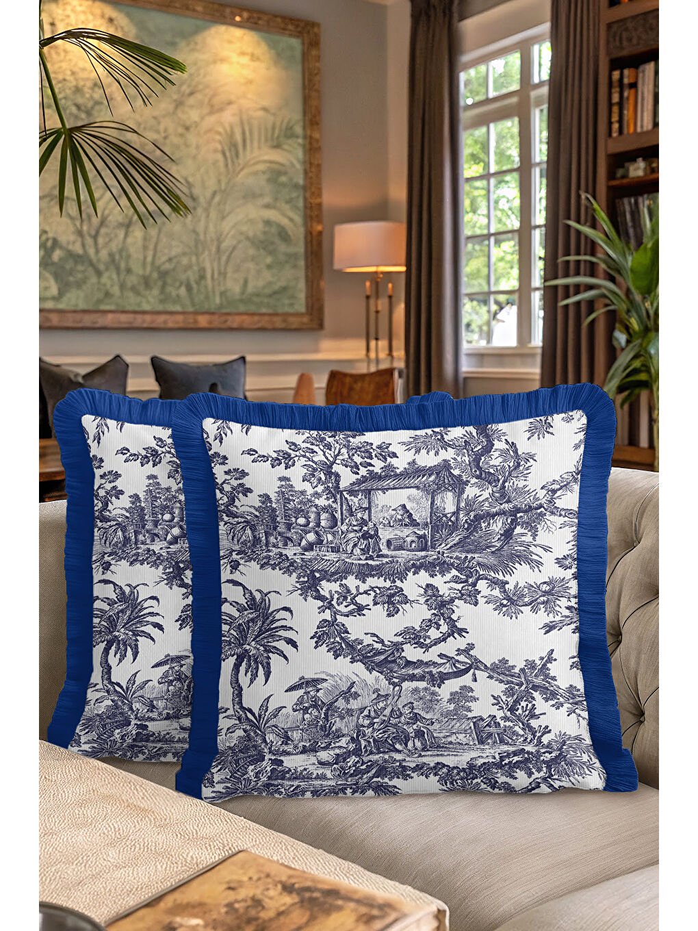 Karışık Fransız Saray Saçaklı Yastık Kılıfı - Vintage Country Lacivert Beyaz Püsküllü Kırlent Kılıfı-7