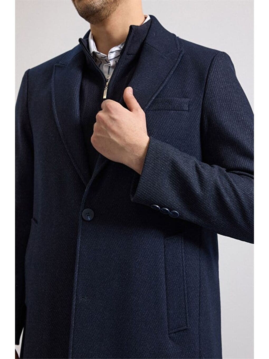 Lacivert Slim Hakim Yaka Düz Yan Cepli Düğmeli Dolgusuz Standart Kaban-2