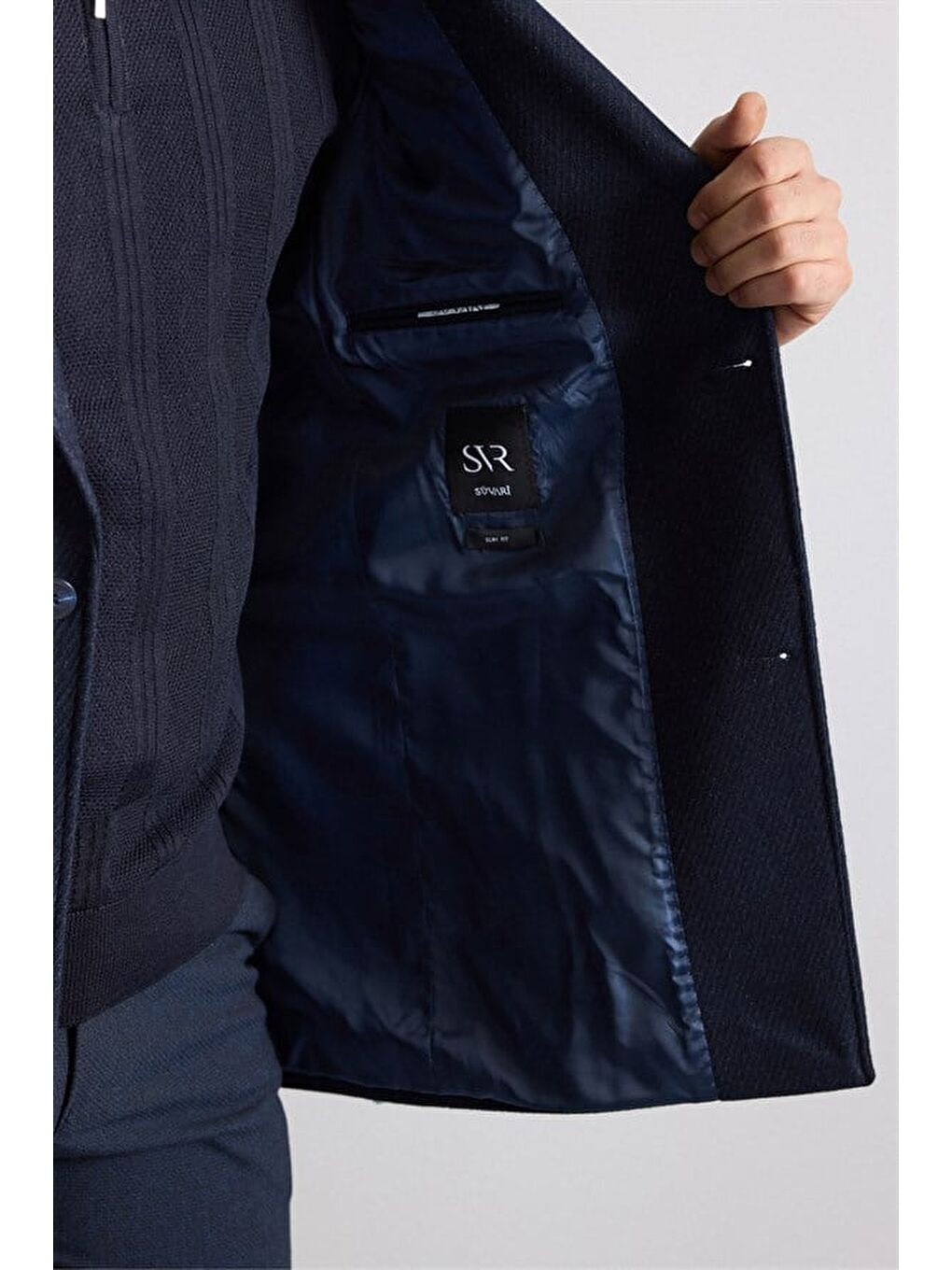 Lacivert Slim Hakim Yaka Düz Yan Cepli Düğmeli Dolgusuz Standart Kaban-3