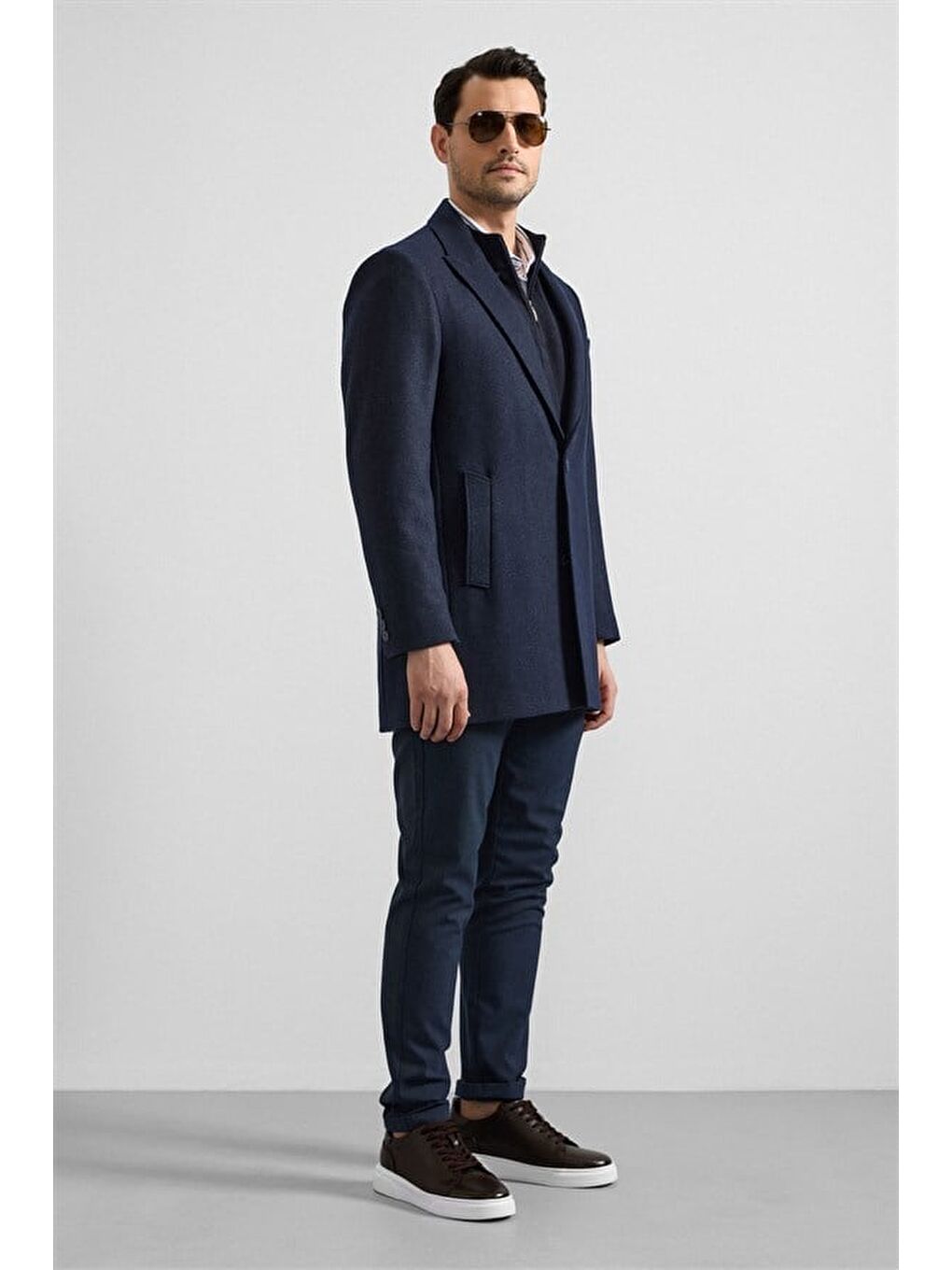 Lacivert Slim Hakim Yaka Düz Yan Cepli Düğmeli Dolgusuz Standart Kaban-4