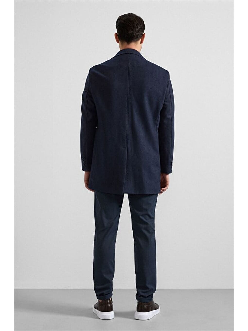 Lacivert Slim Hakim Yaka Düz Yan Cepli Düğmeli Dolgusuz Standart Kaban-5
