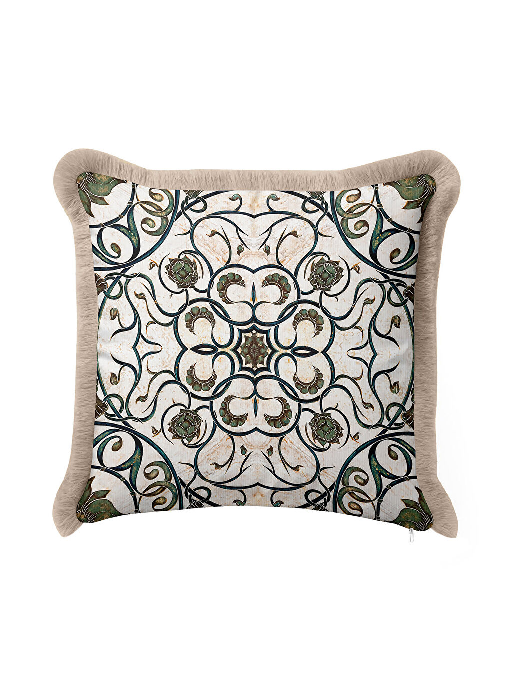 Karışık Lüks Art Nouveau Stil Saçaklı Yastık Kılıfı - Antik Etnik Yeşil Krem Püsküllü Kırlent Kılıfı-1