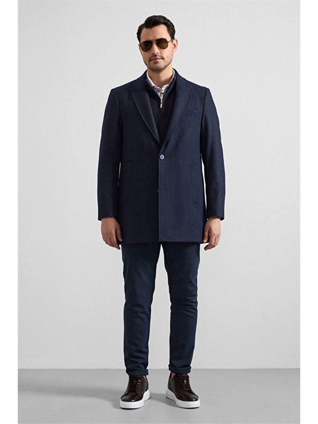 Lacivert Slim Hakim Yaka Düz Yan Cepli Düğmeli Dolgusuz Standart Kaban-6