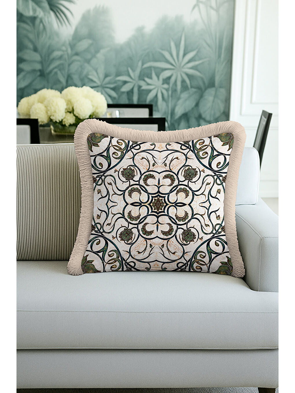 Karışık Lüks Art Nouveau Stil Saçaklı Yastık Kılıfı - Antik Etnik Yeşil Krem Püsküllü Kırlent Kılıfı-2