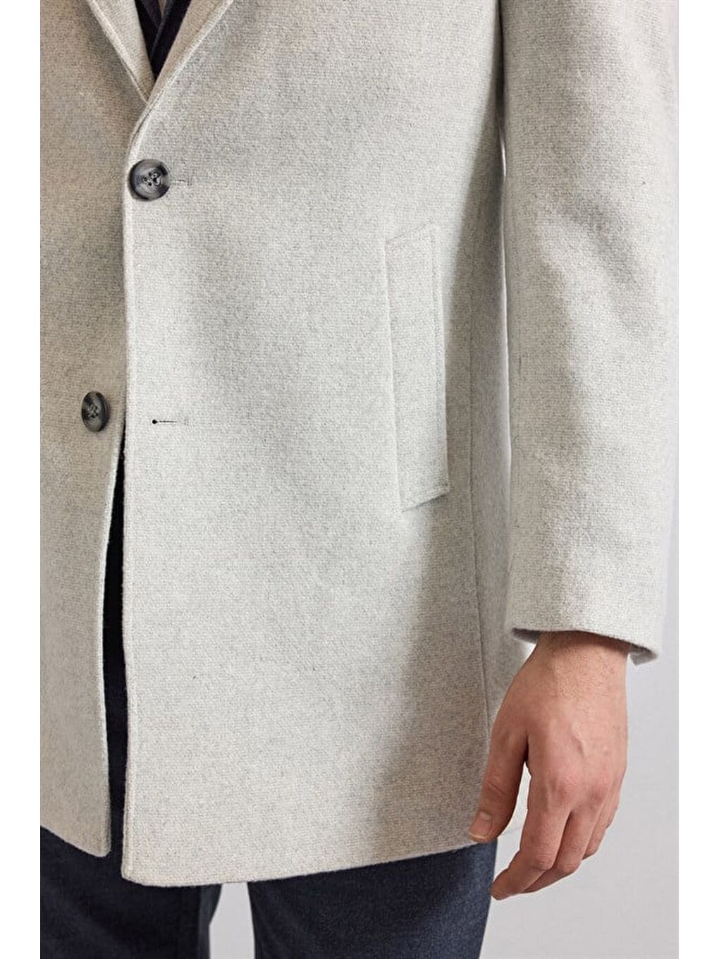 Gri Slim Mono Yaka Düz Yan Cepli Düğmeli Dolgusuz Standart Kaban-2
