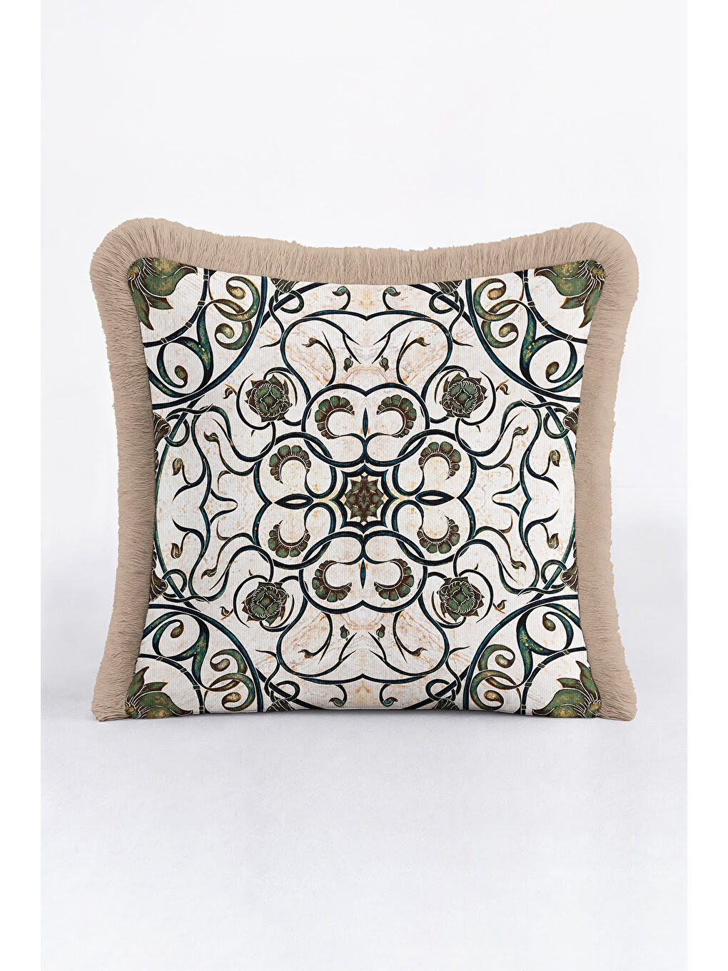 Karışık Lüks Art Nouveau Stil Saçaklı Yastık Kılıfı - Antik Etnik Yeşil Krem Püsküllü Kırlent Kılıfı-3