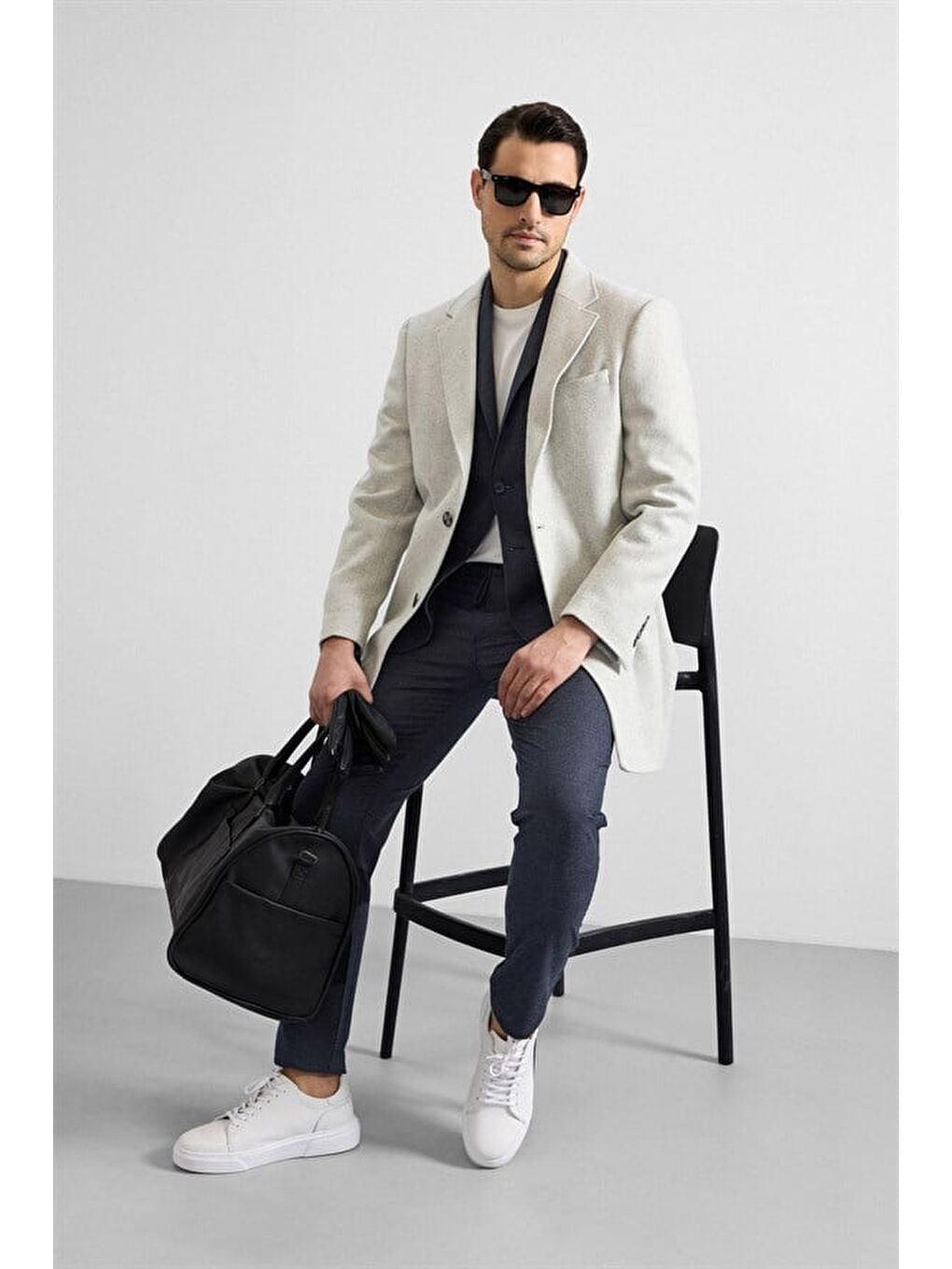 Gri Slim Mono Yaka Düz Yan Cepli Düğmeli Dolgusuz Standart Kaban-5