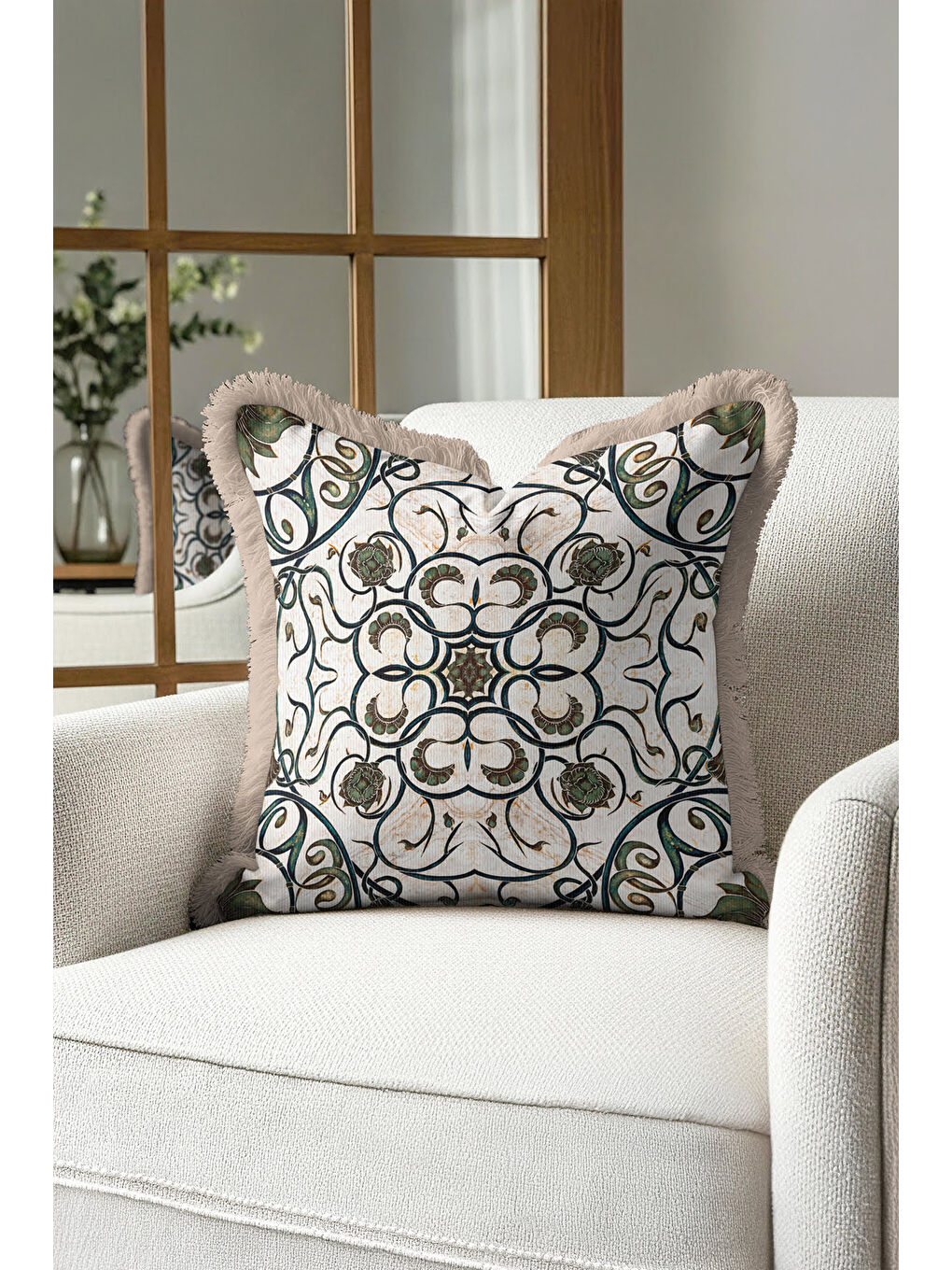 Karışık Lüks Art Nouveau Stil Saçaklı Yastık Kılıfı - Antik Etnik Yeşil Krem Püsküllü Kırlent Kılıfı-4