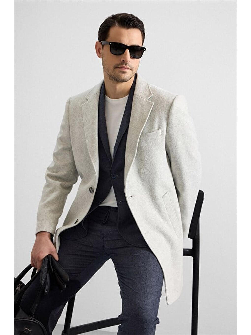 Gri Slim Mono Yaka Düz Yan Cepli Düğmeli Dolgusuz Standart Kaban-6