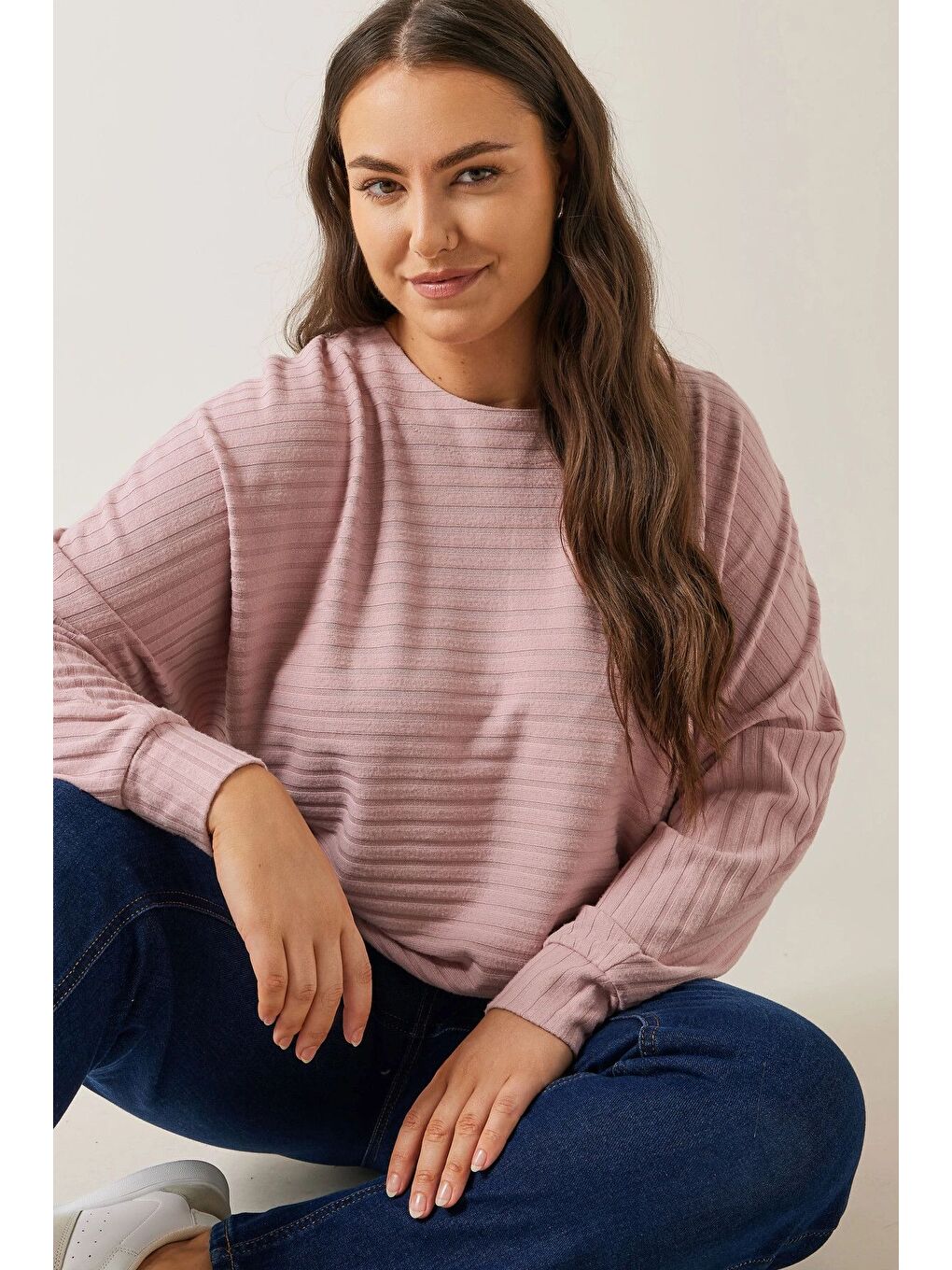 Pembe Büyük Beden Bisiklet Yaka Uzun Kollu Bluz 615589-1