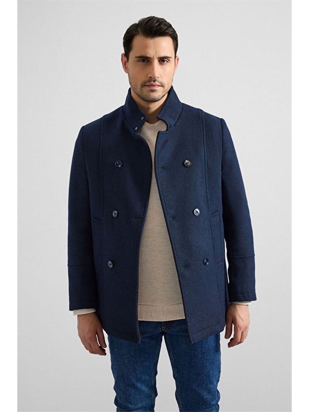 Lacivert Slim Kruvaze Yaka Düz Yan Cepli Düğmeli Dolgusuz Standart Kaban-1