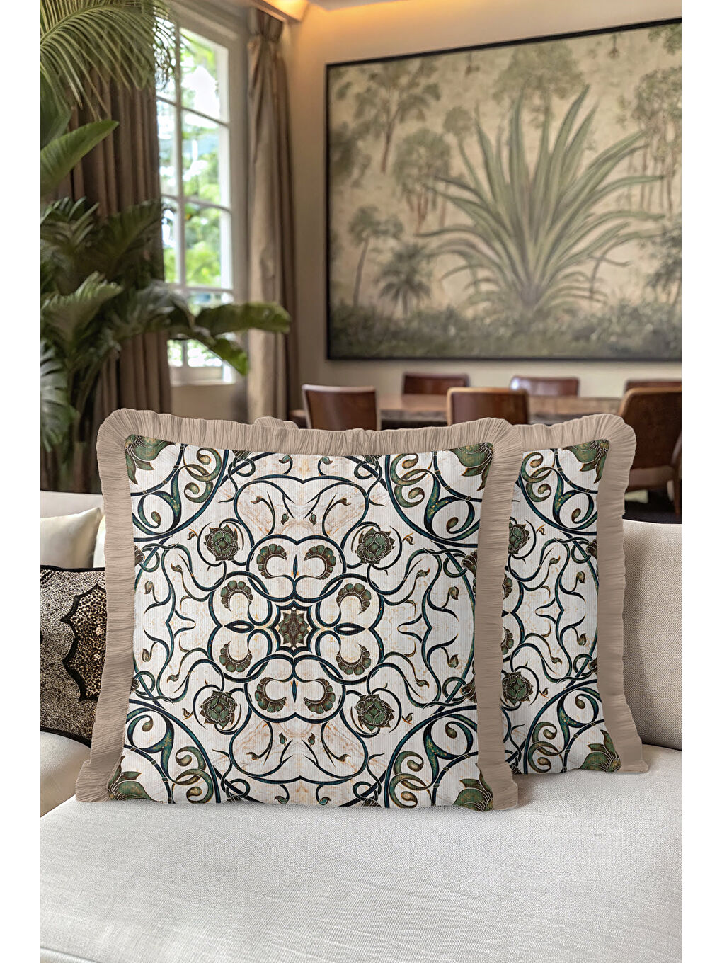 Karışık Lüks Art Nouveau Stil Saçaklı Yastık Kılıfı - Antik Etnik Yeşil Krem Püsküllü Kırlent Kılıfı-5